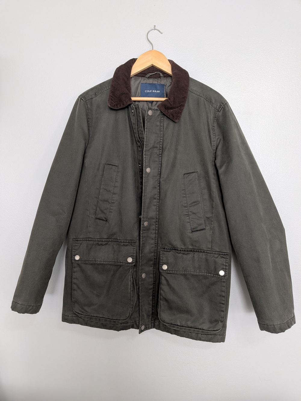 Cole Haan Men's Olive Green Field Jacket with Brown Corduroy Collar